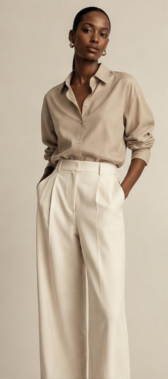 Sand-toned shirt paired with ivory tailored trousers